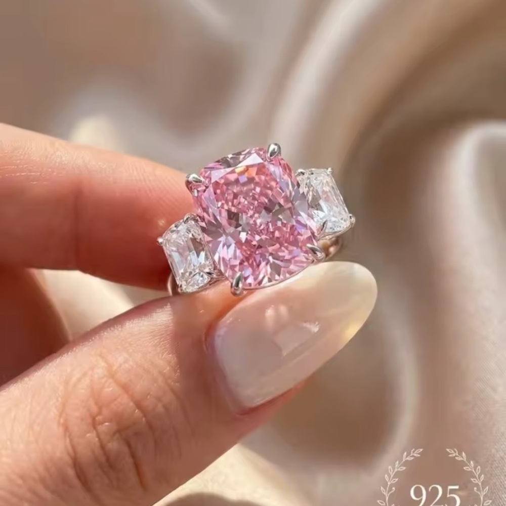 Pink Sapphire Cushion Center & Sterling Silver Stone Three-Stone Ring -